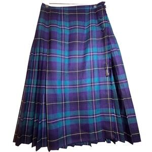 Aljean Pure Wool Skirt Kilt 12 W32 Scotland Blue Purple Plaid Tartan Pleated EUC